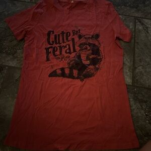 Red Graphic Tee with Raccoon Print